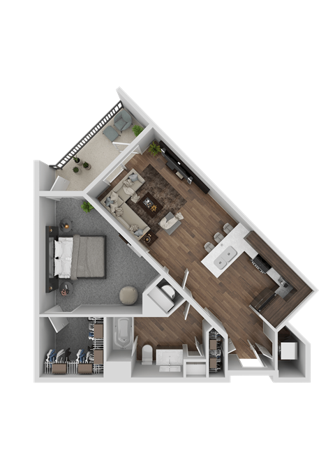 Floor plan for 1 bed, 1 bath, 726 sqft